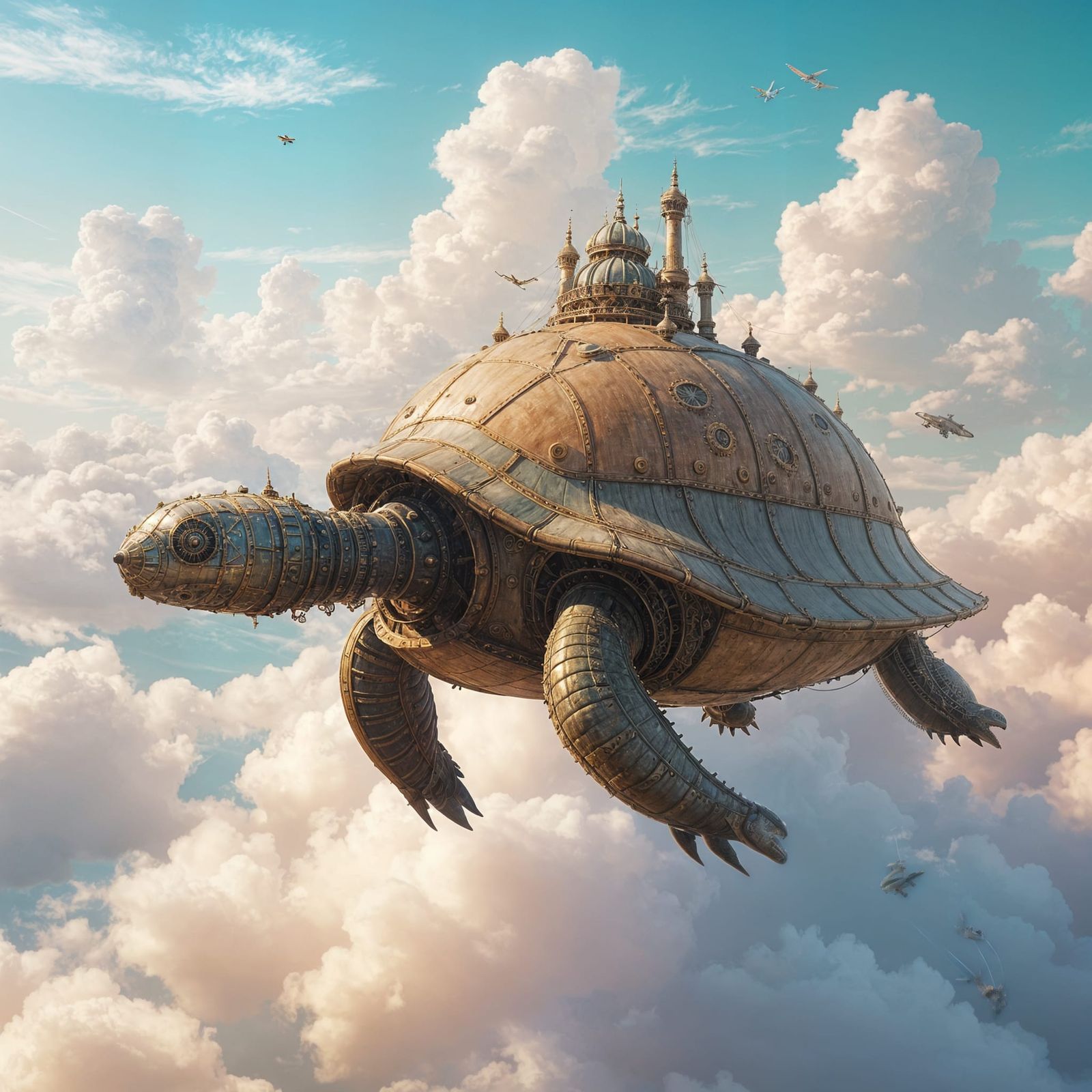 Steampunk Turtle Airship Soaring in Pastel Sky