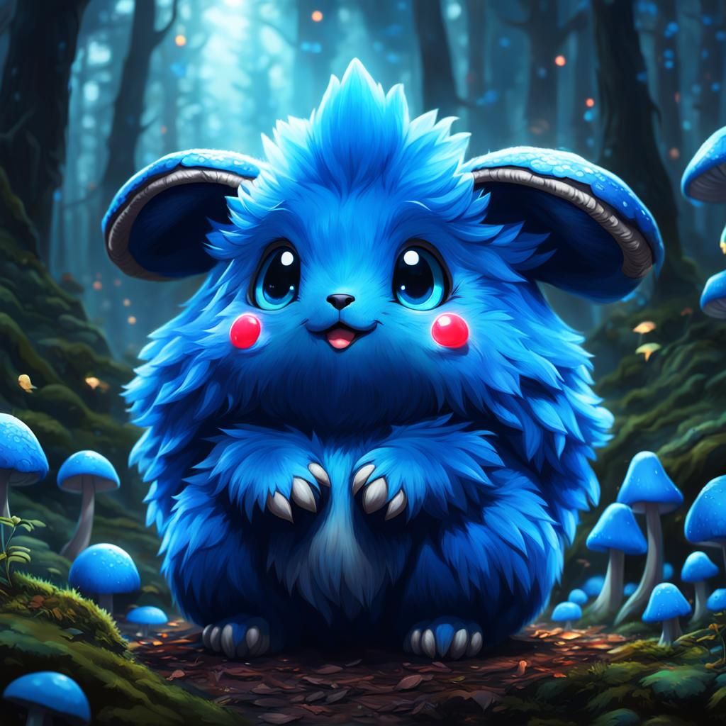 Cute Mythical Blue Eevee with Glowing Mushrooms