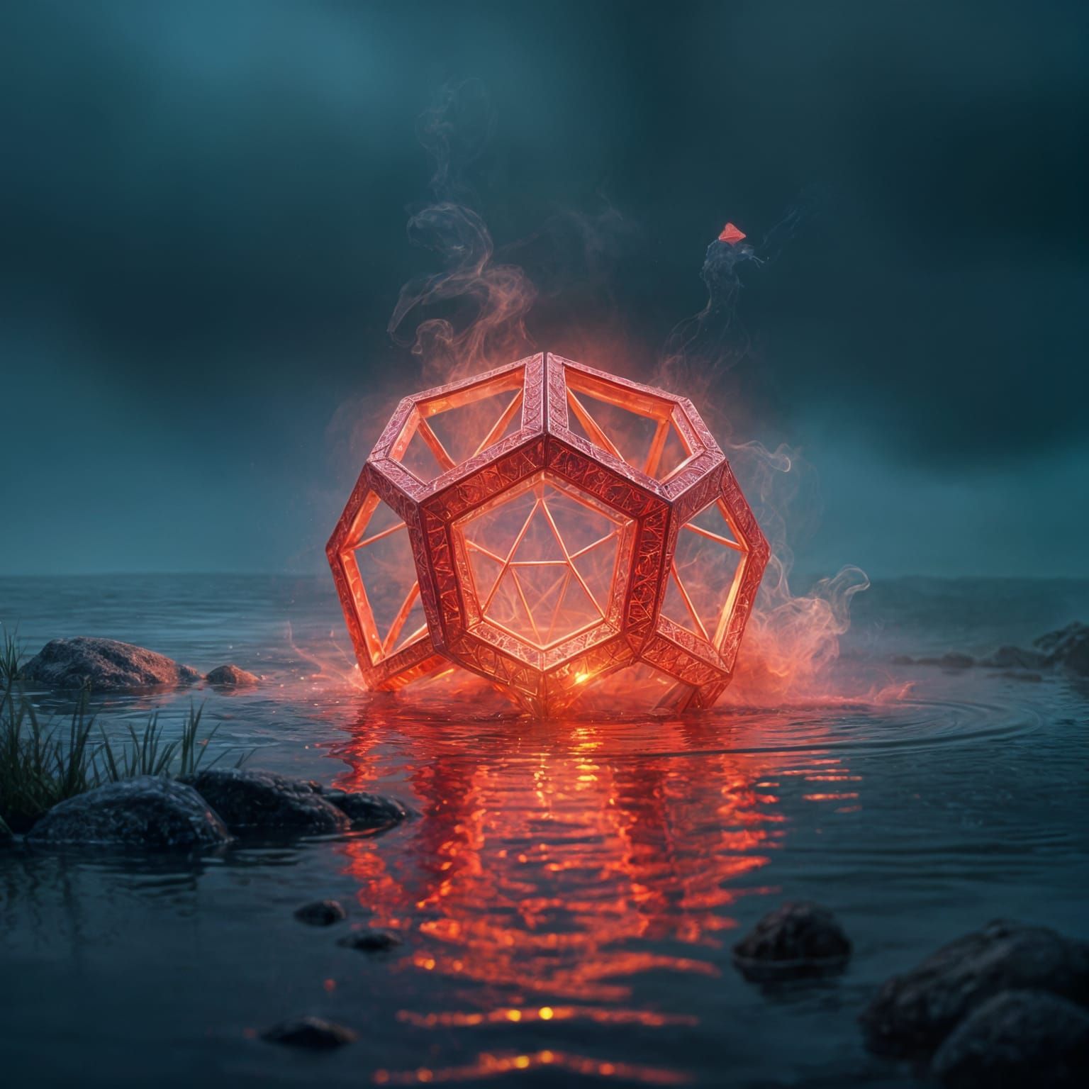 Hyperrealistic Red Octahedron Emerges from Steamy Lake