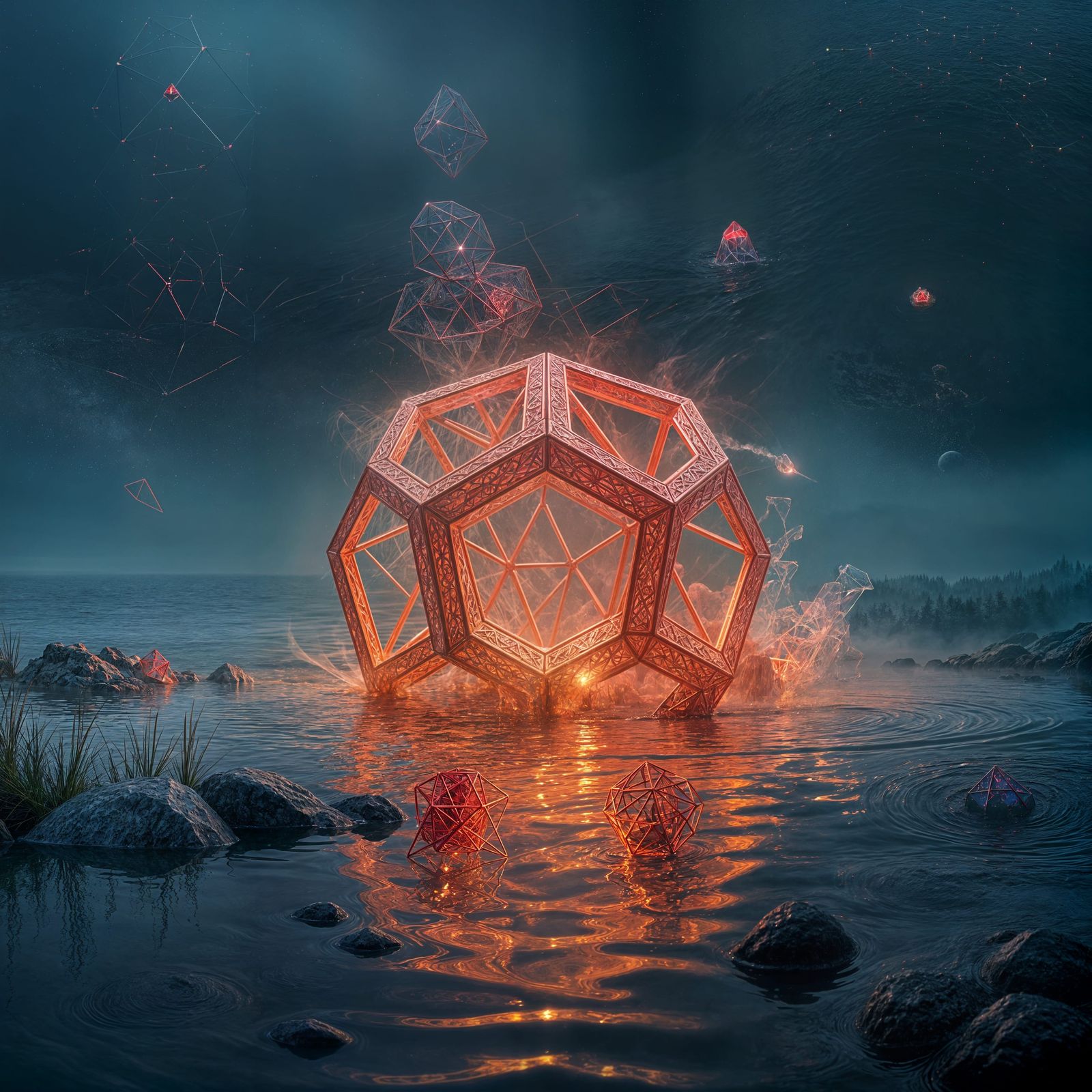 Hyperrealistic Glowing Octahedron Emerging from Misty Lake