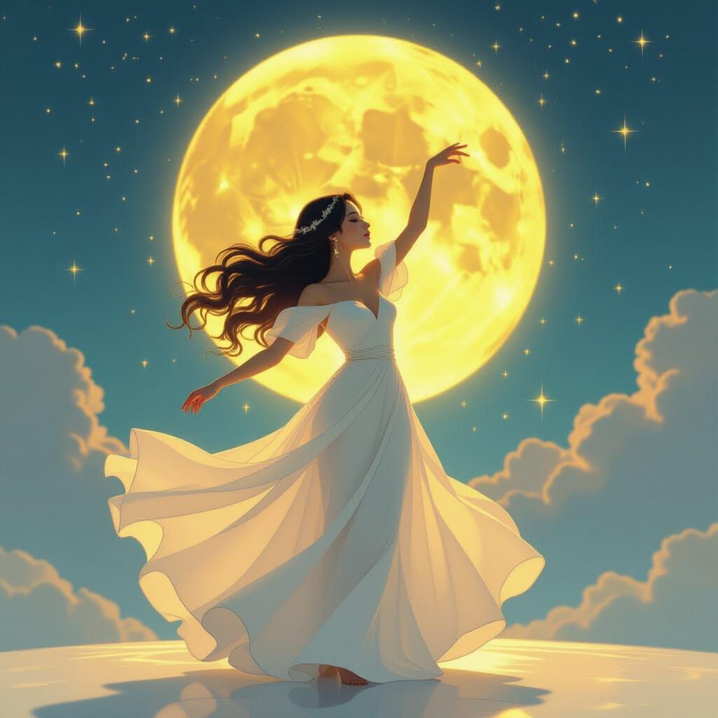 Woman Dancing Under Golden Moon in Ethereal Style