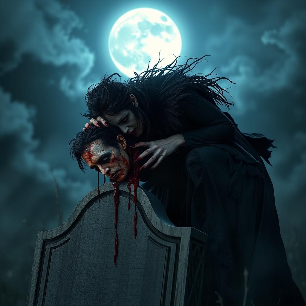 Feral Vampire with Severed Head in Macabre Style