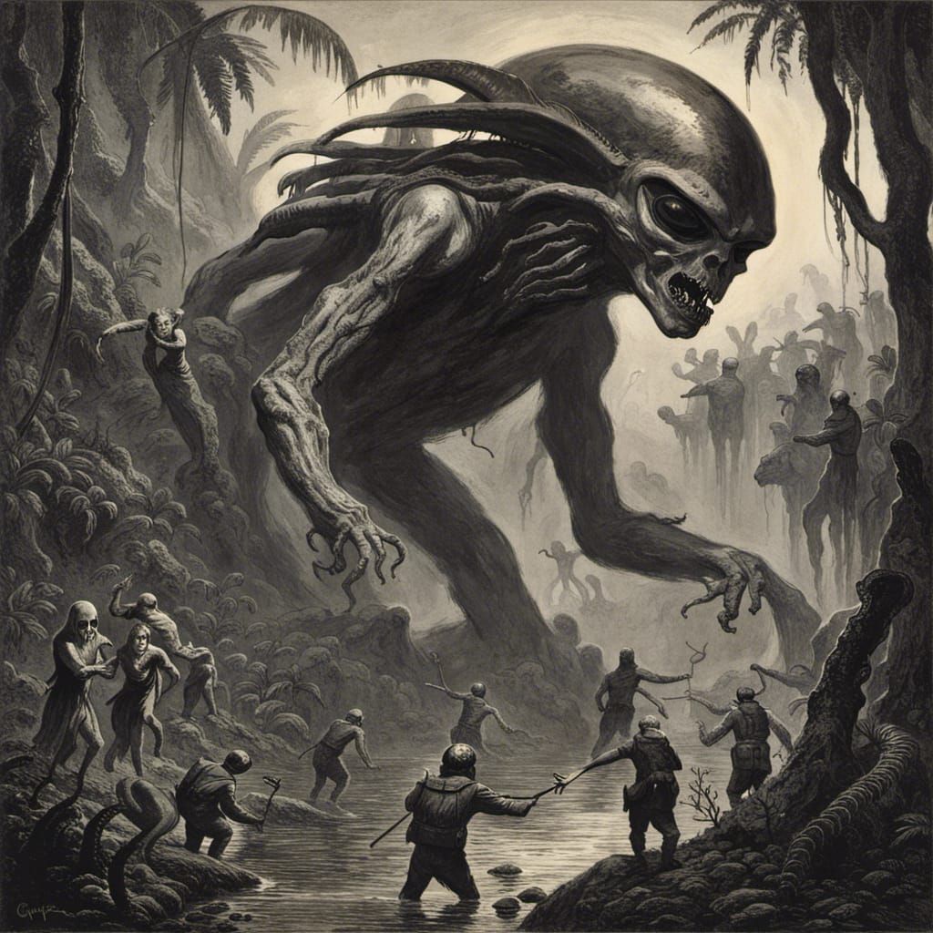 Alien Invasion in Jungle: Horror Engraving Style