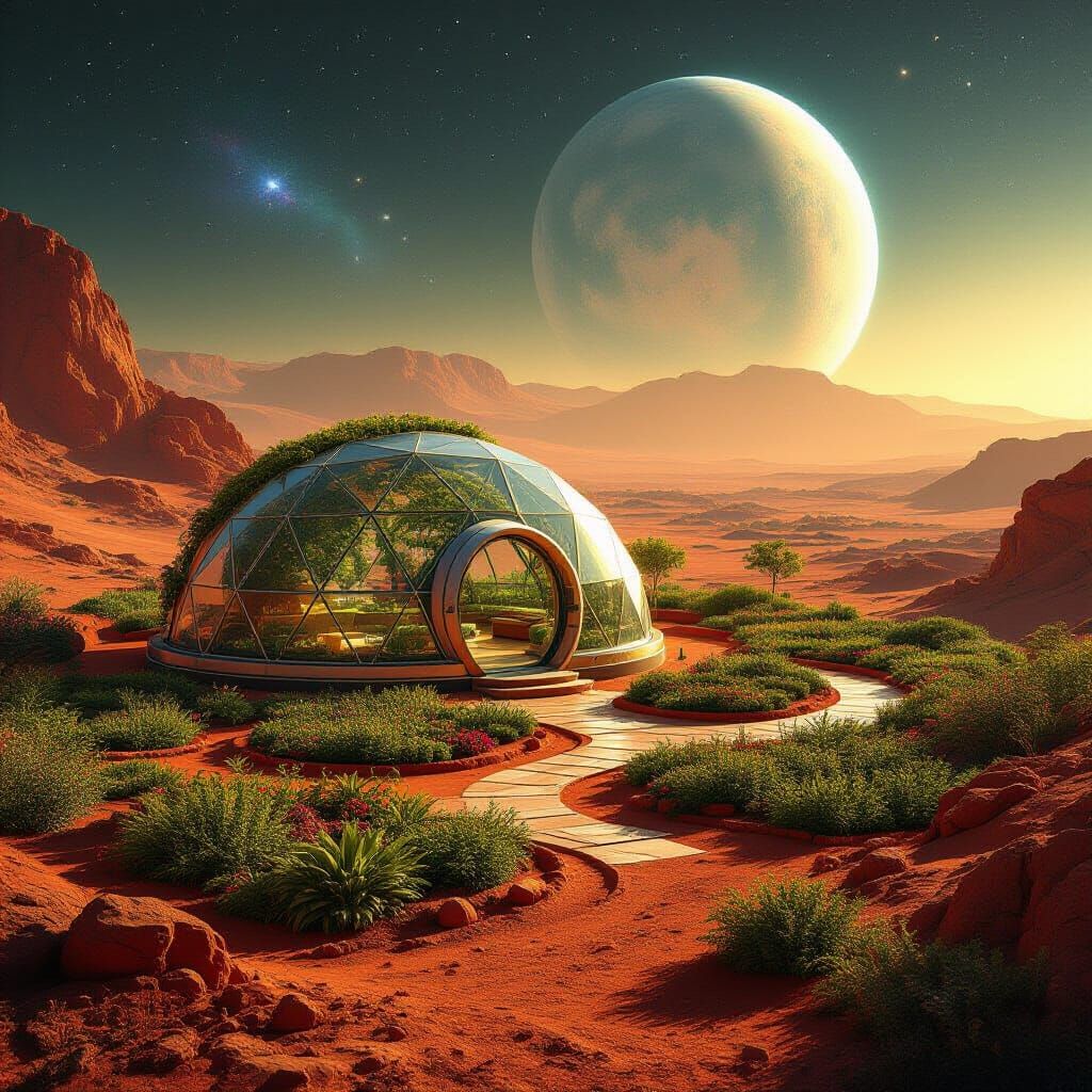 Lush Mars Dome Habitat in Mixed Media Style