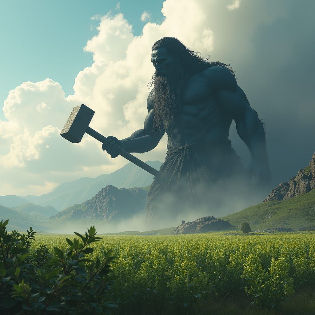 Gigantic God Strikes Mountain, Lush Crops Abound