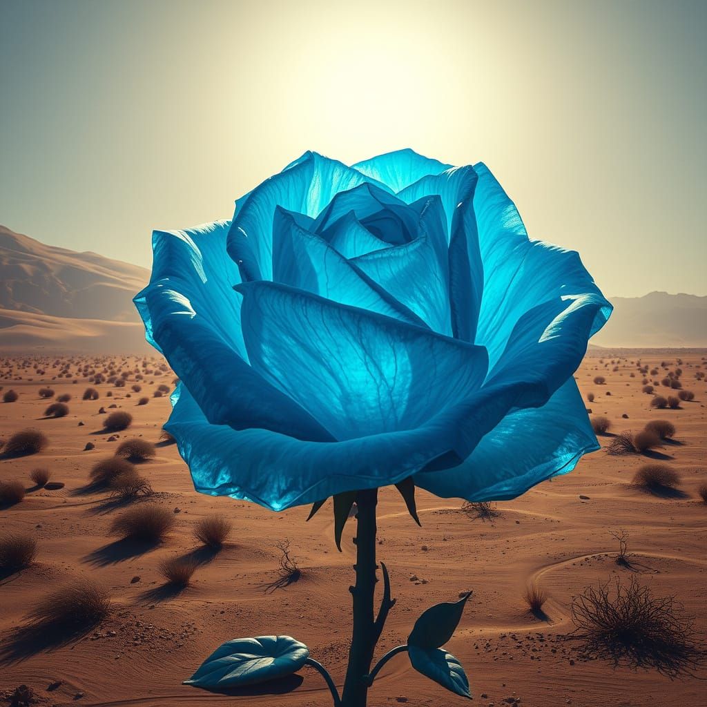 Giant Blue Rose in Desert, Mystical Dark Fantasy