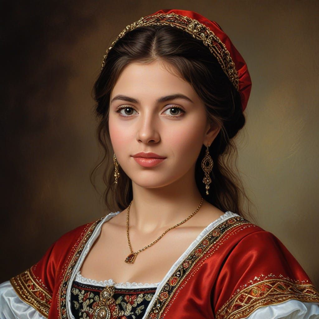 Bulgarian Woman in Traditional Attire, Rubens Oil Painting S...