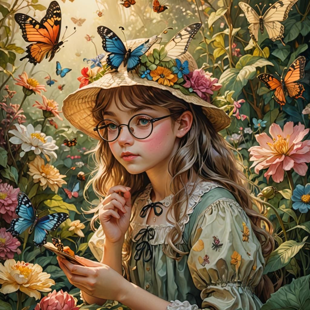 Enchanting Girl Discovering a Fantasy Garden, Rackham Style