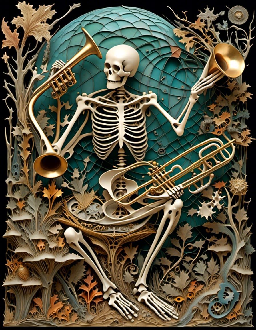 Skeleton's Whimsical Trumpet Serenade: Art Nouveau Style