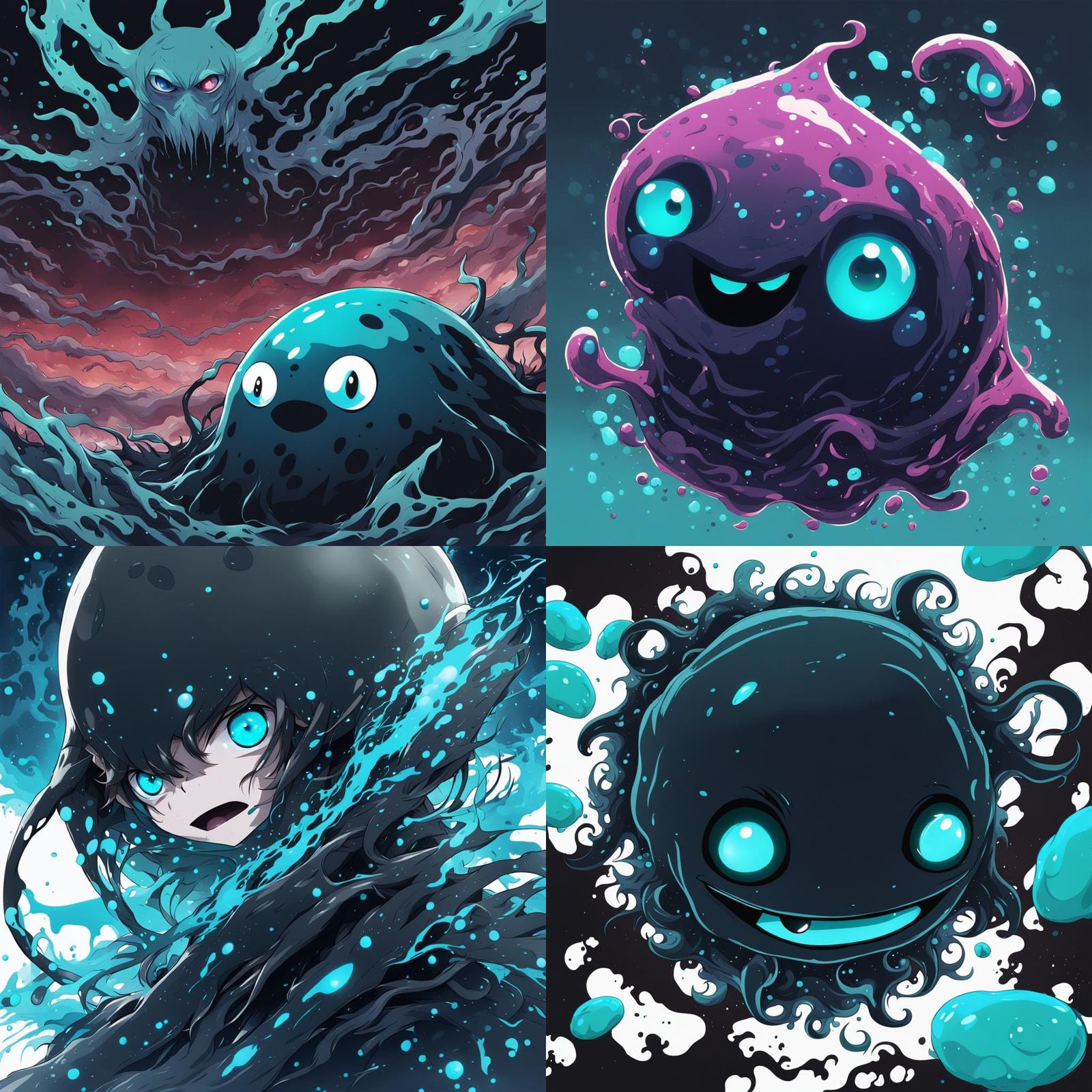 Dark Goop Blob with Cyan Eyes in Anime Style