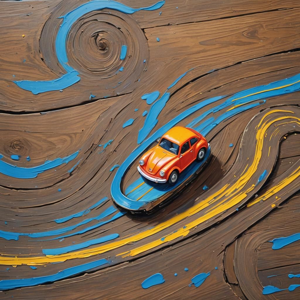 Toy Car Races Down Track: Gouache Painting