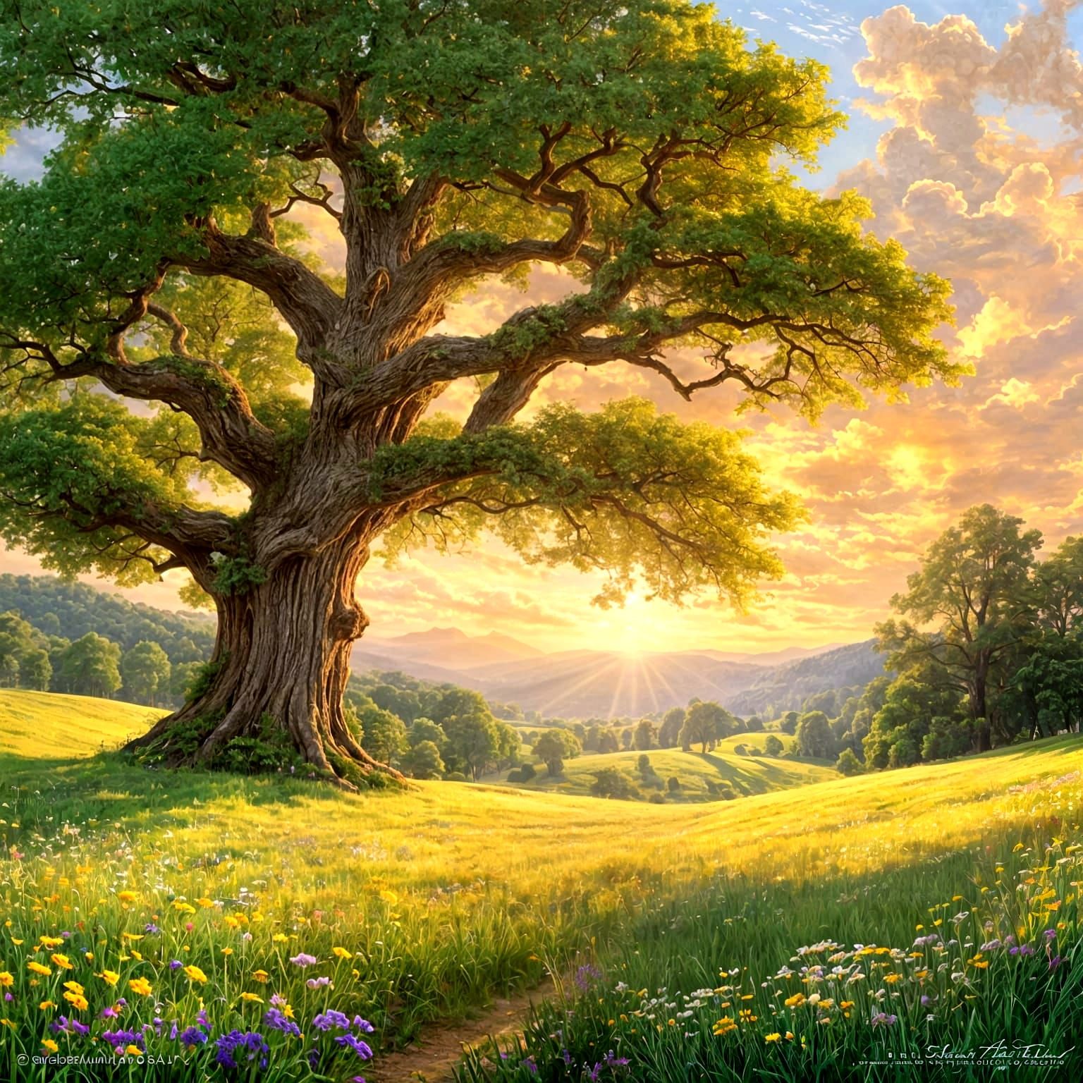 Majestic Ancient Oak in Wildflower Meadow, Gouache Style