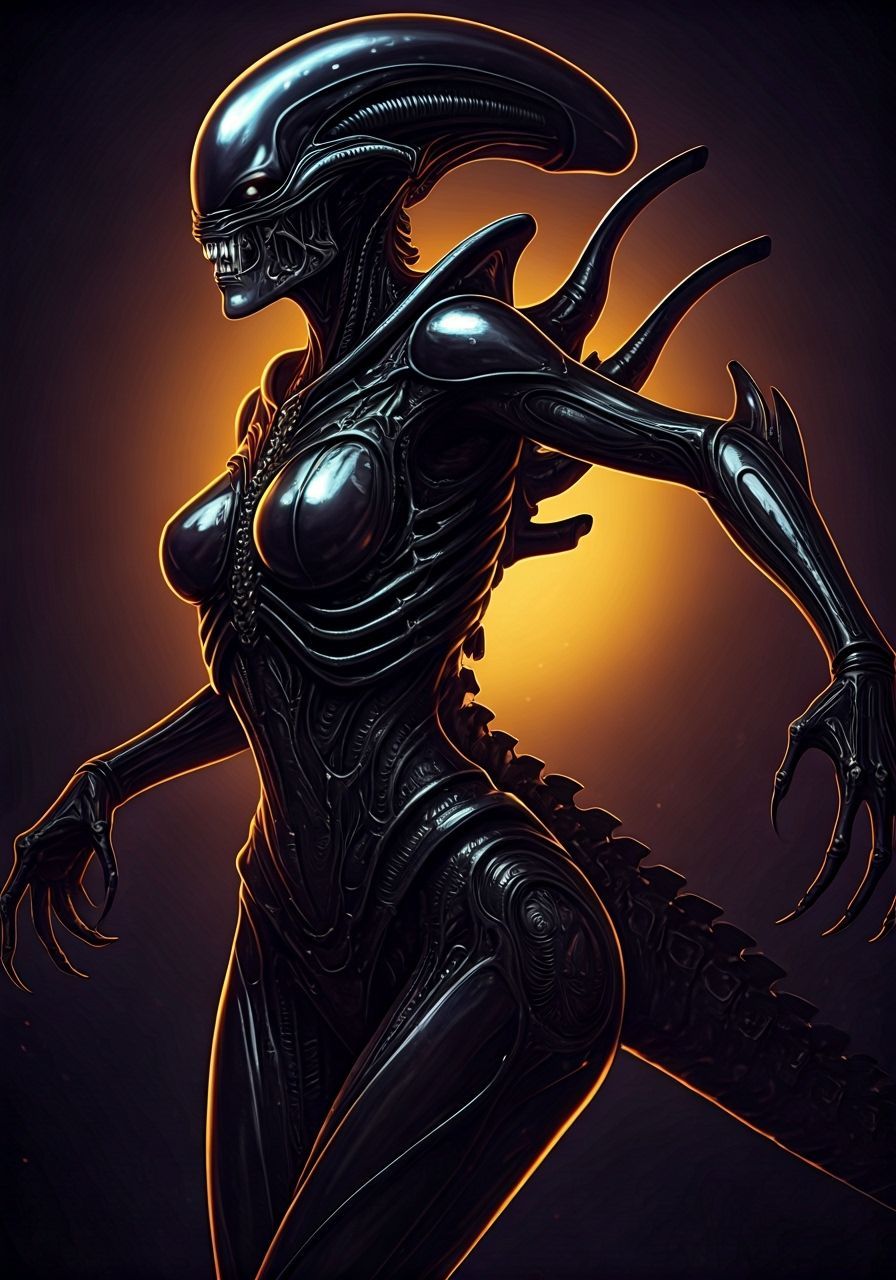 Female Xenomorph Hybrid in Gleaming Black Exoskeleton
