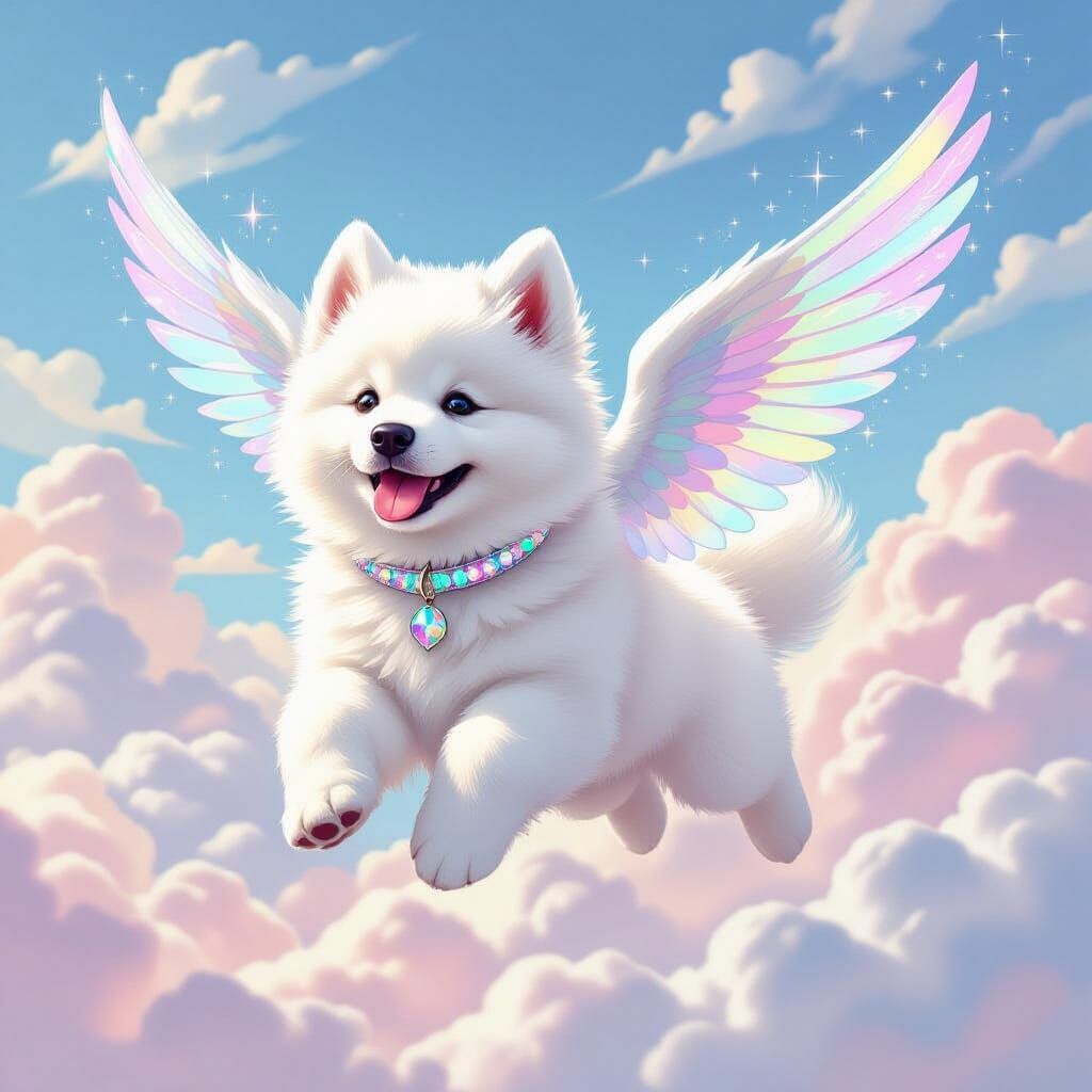 Samoyed Puppy Soaring in a Cotton Candy Sky