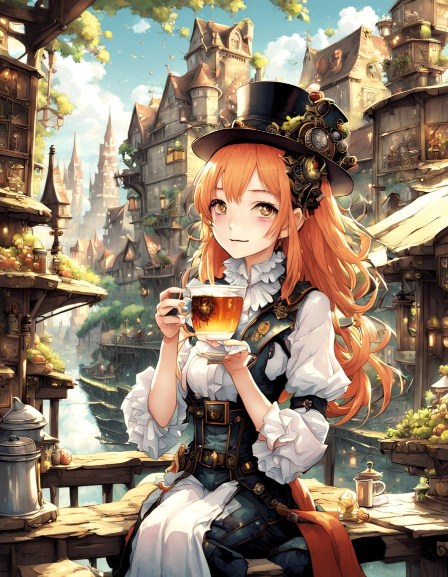 Cute Bug Enjoying Tea in Steampunk City