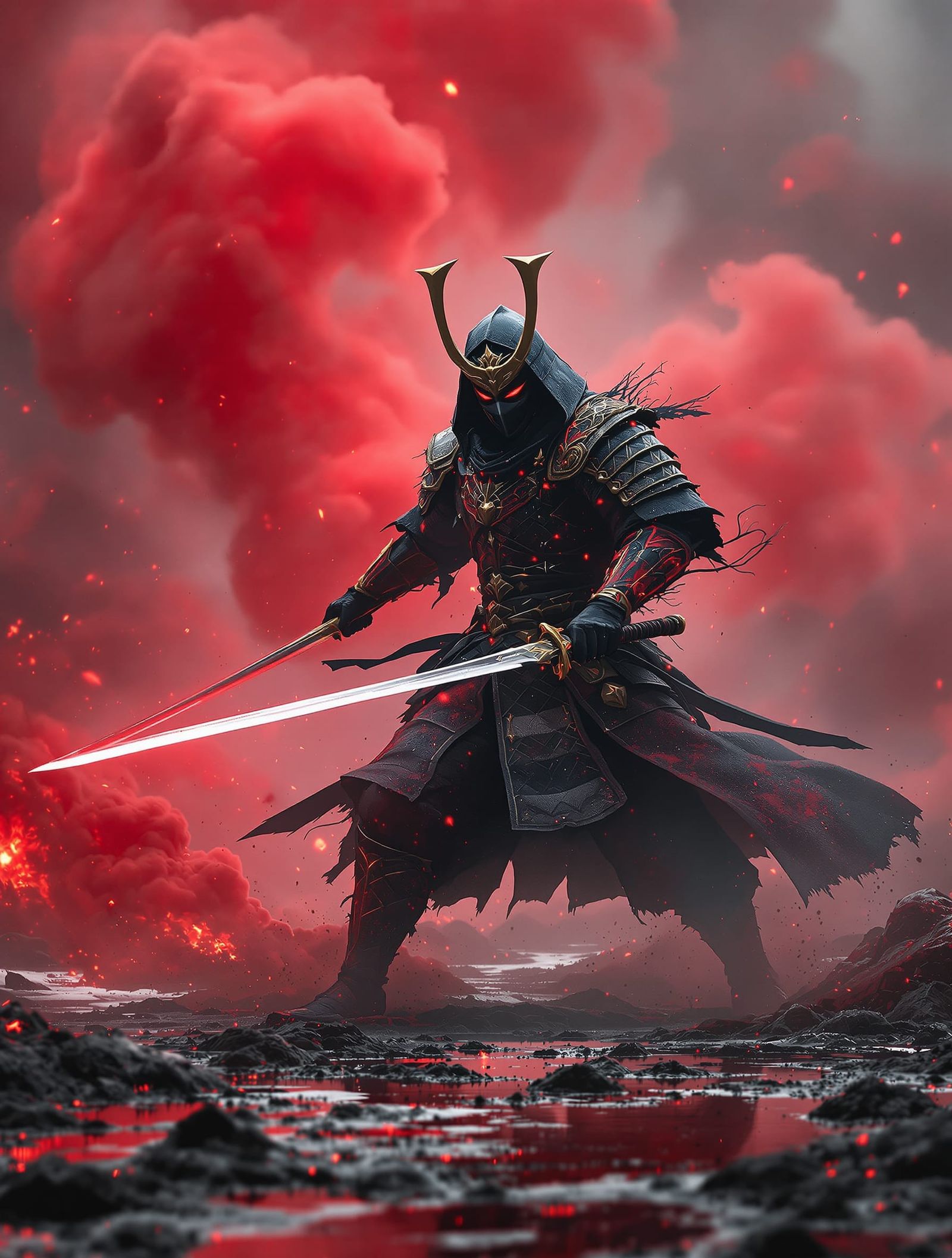 Mystical Samurai in Crimson Smoke: Grim Battlefield Battle