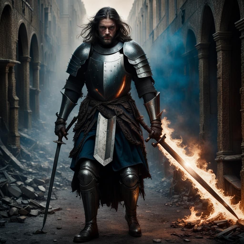 Knight with Demonic Shadow: Hyperrealistic Action Portrait