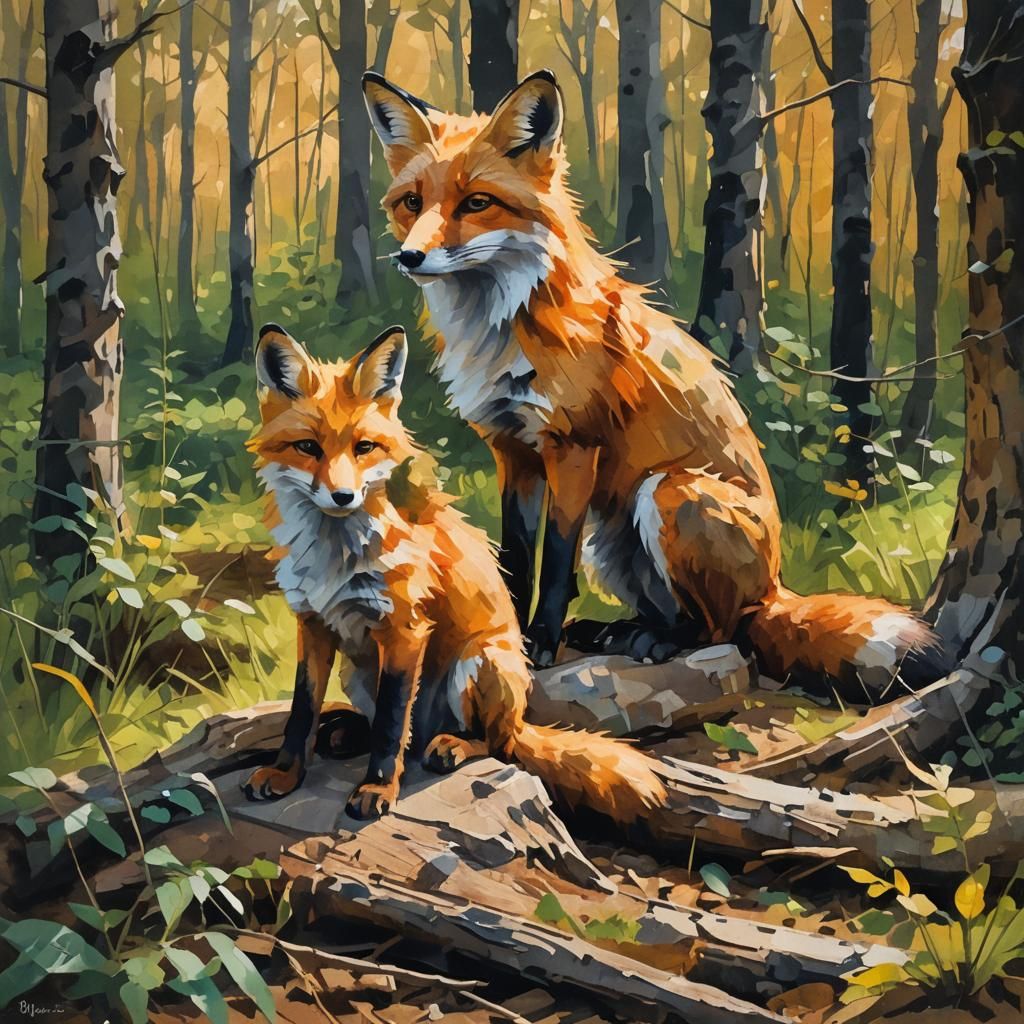 Fox and Cub in Forest Clearing: Gouache Painting