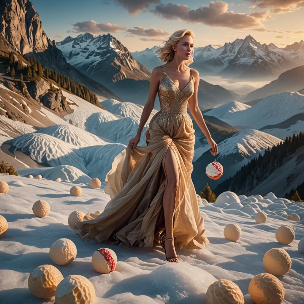 Giant Blonde Lady Walks on Ice Cream: Digital Art