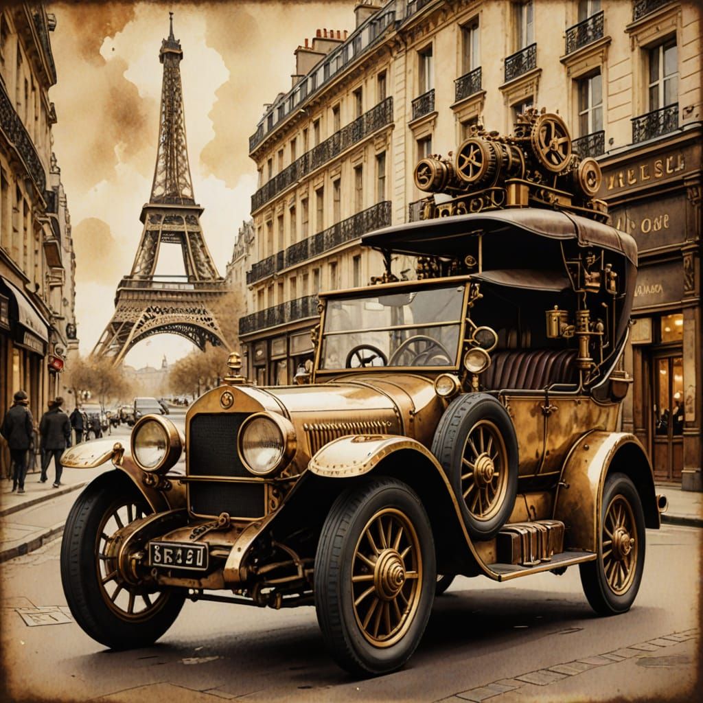 Steampunk Car in Paris: Ink Illustration with Sepia Lighting