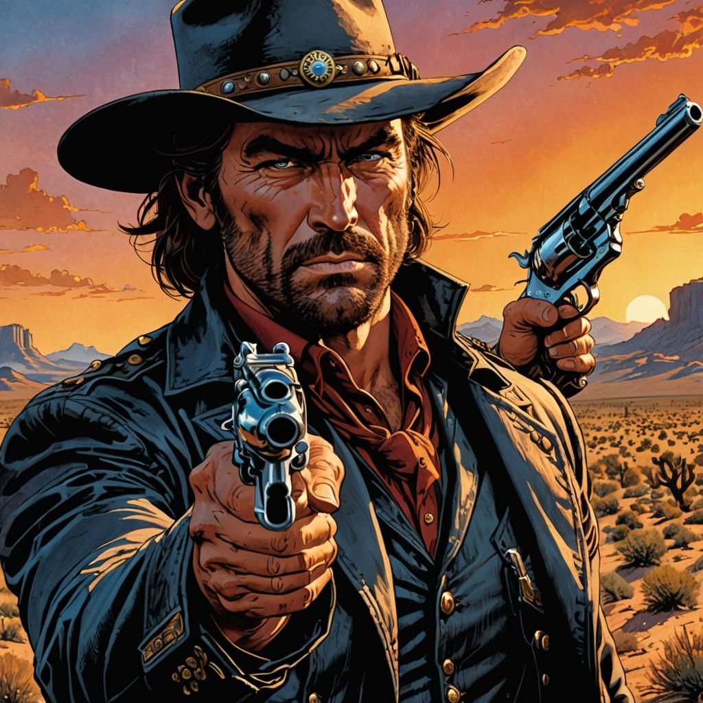 Outlaw Cowboy Aiming Colt Revolver at Desert Sunset