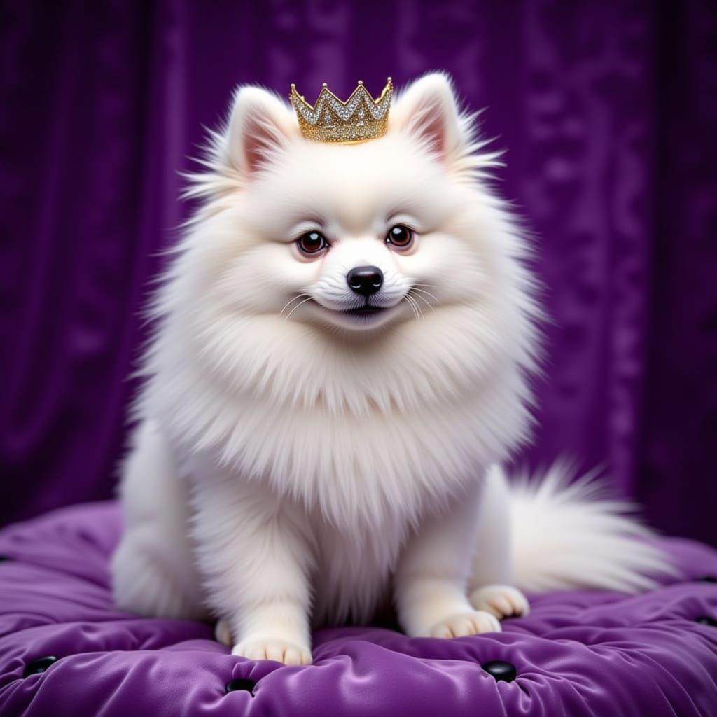 Regal Samoyed Dog on Velvet Cushion in Royal Purple
