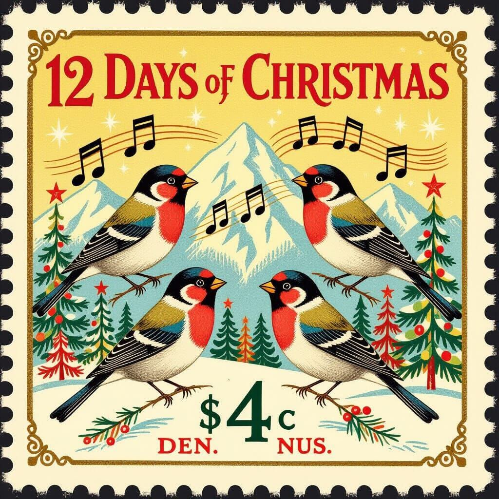 Vintage 12 Days of Christmas Stamp with Four Birds