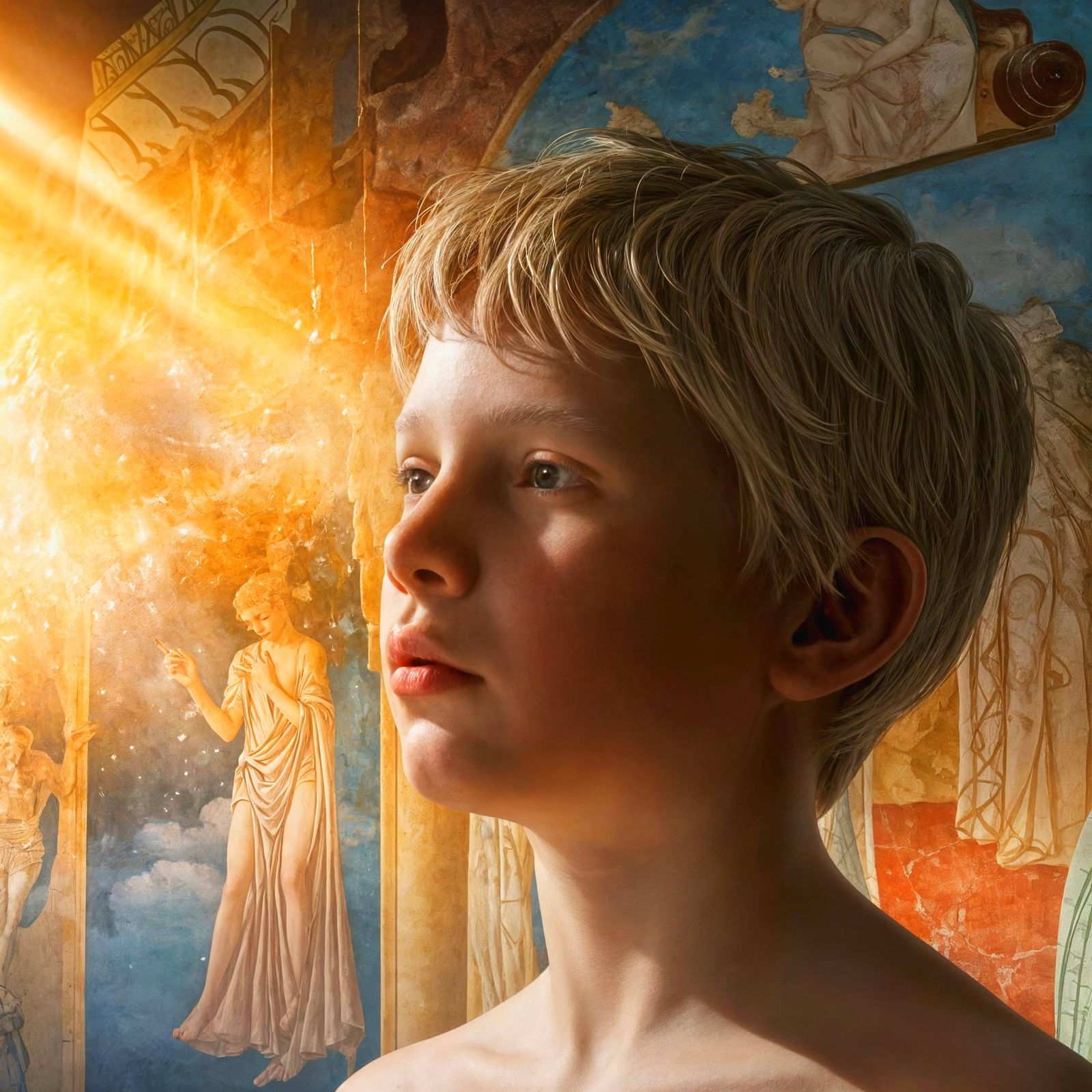Ancient Greek Boy's Dream of Gods in Bosch Rockwell Style