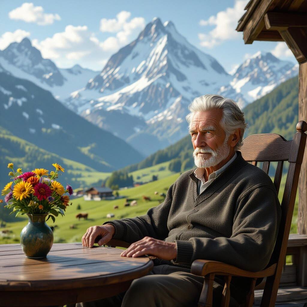 Elderly Man Gazes Over Snowy Swiss Alps
