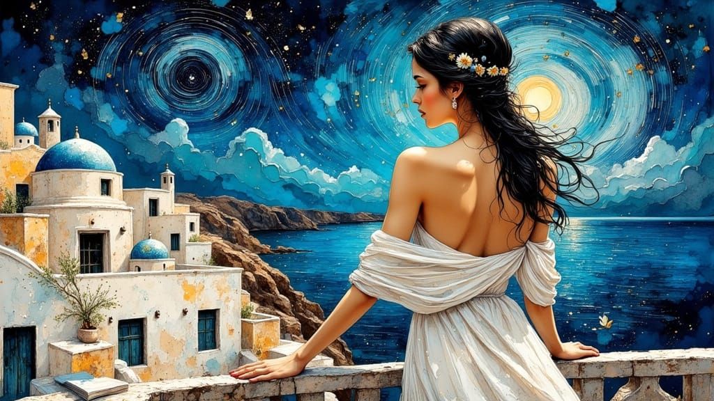 Greek Woman Gazing at Starry Santorini Harbor