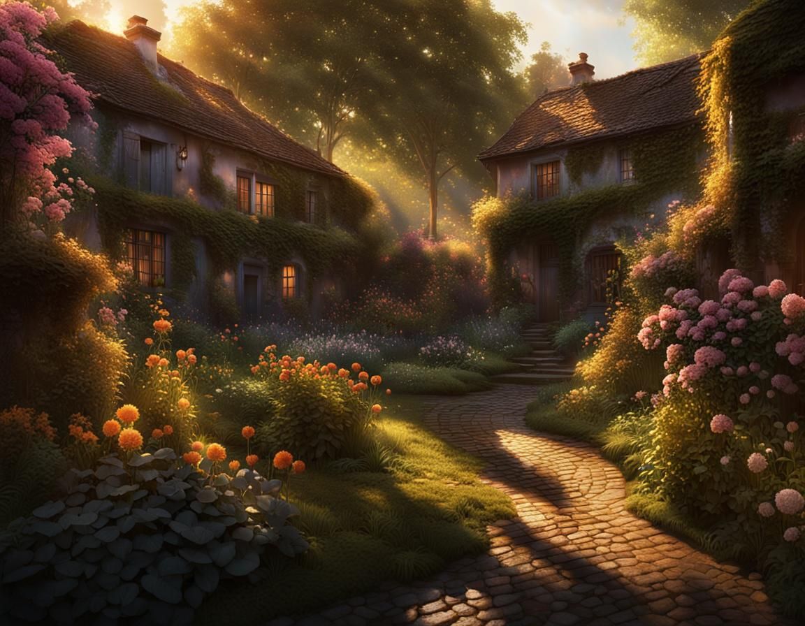 Sunlit Garden Oasis Digital Matte Painting