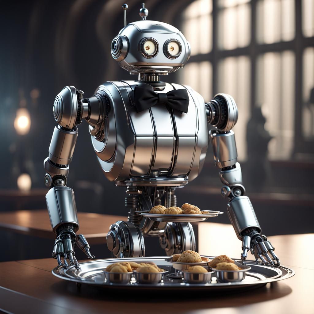 Futuristic Robot Butler in Tuxedo, Sci-Fi Rendering