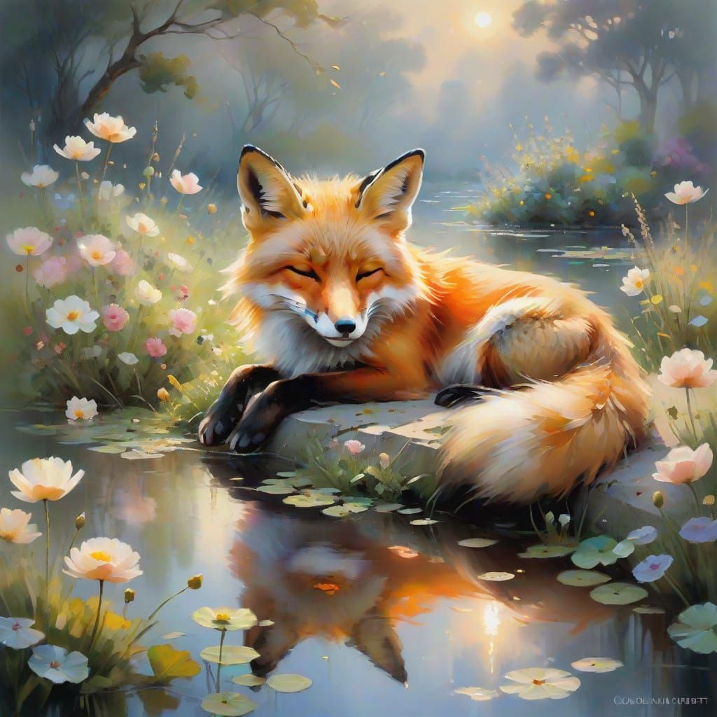 Ethereal Fox in Twilight Garden, Soft Focus Impressionist Ma...