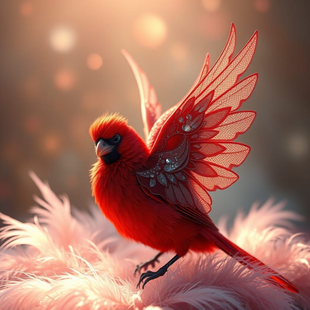 Vibrant Red Bird with Shimmering Light, as Digital Art