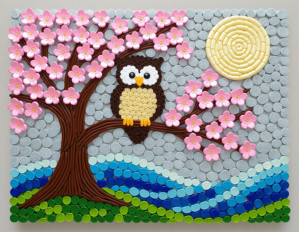 Pebble Art Owl on Sakura Tree with Wave