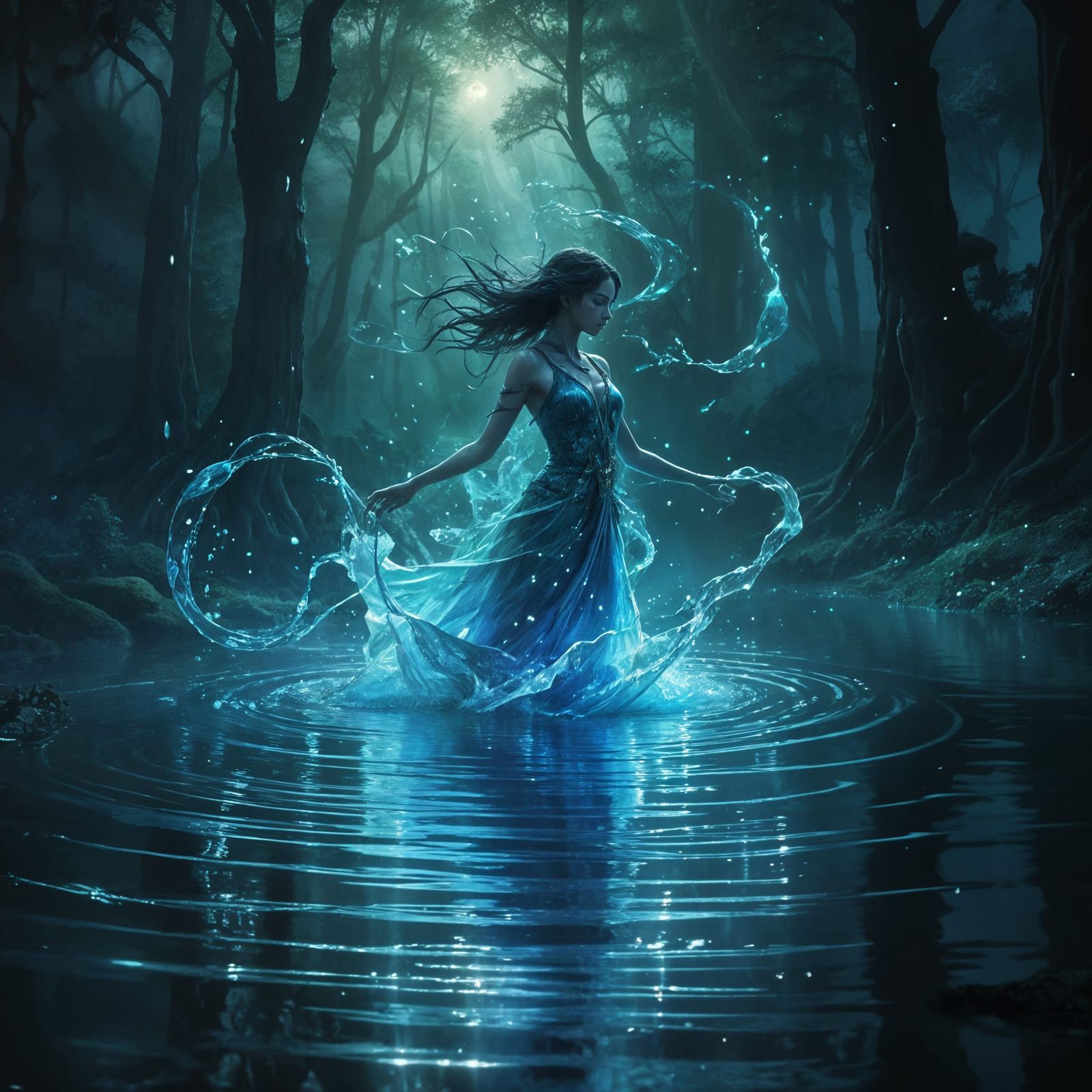 Playful Water Elemental Dancing in Forest Pond at Twilight