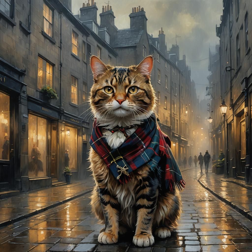 Anthropomorphic Cat in Edinburgh Alleyway, Oil Painting