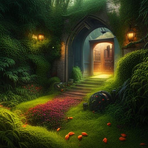 Cottage in Hedge Maze with Orange Birds