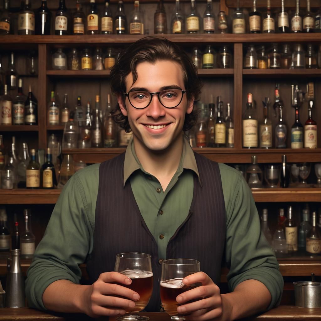Meanwhile, you signal to the bartender, Tobias Greenfield, and with a warm smile, you tell him that the drinks are on yo...