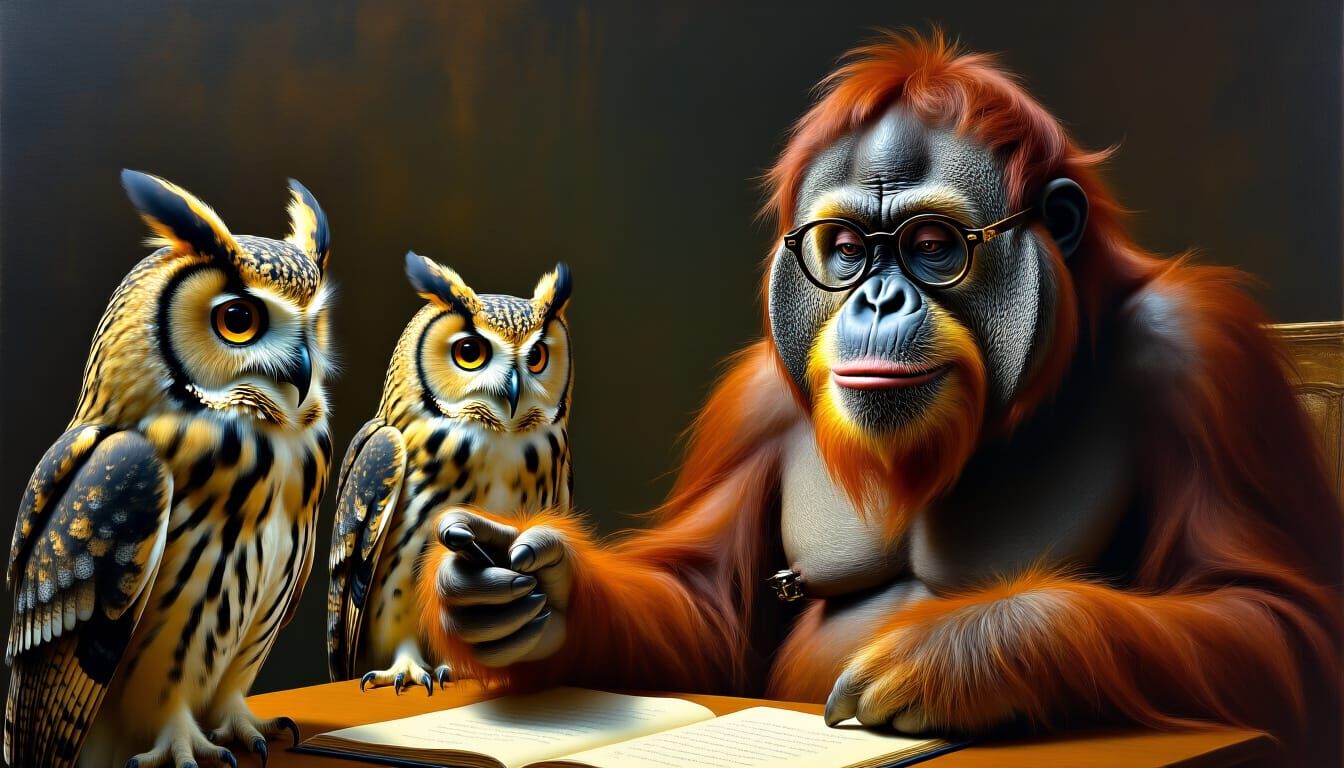 Orangutan Professor Teaching Owls: Surreal Mixed Media Art