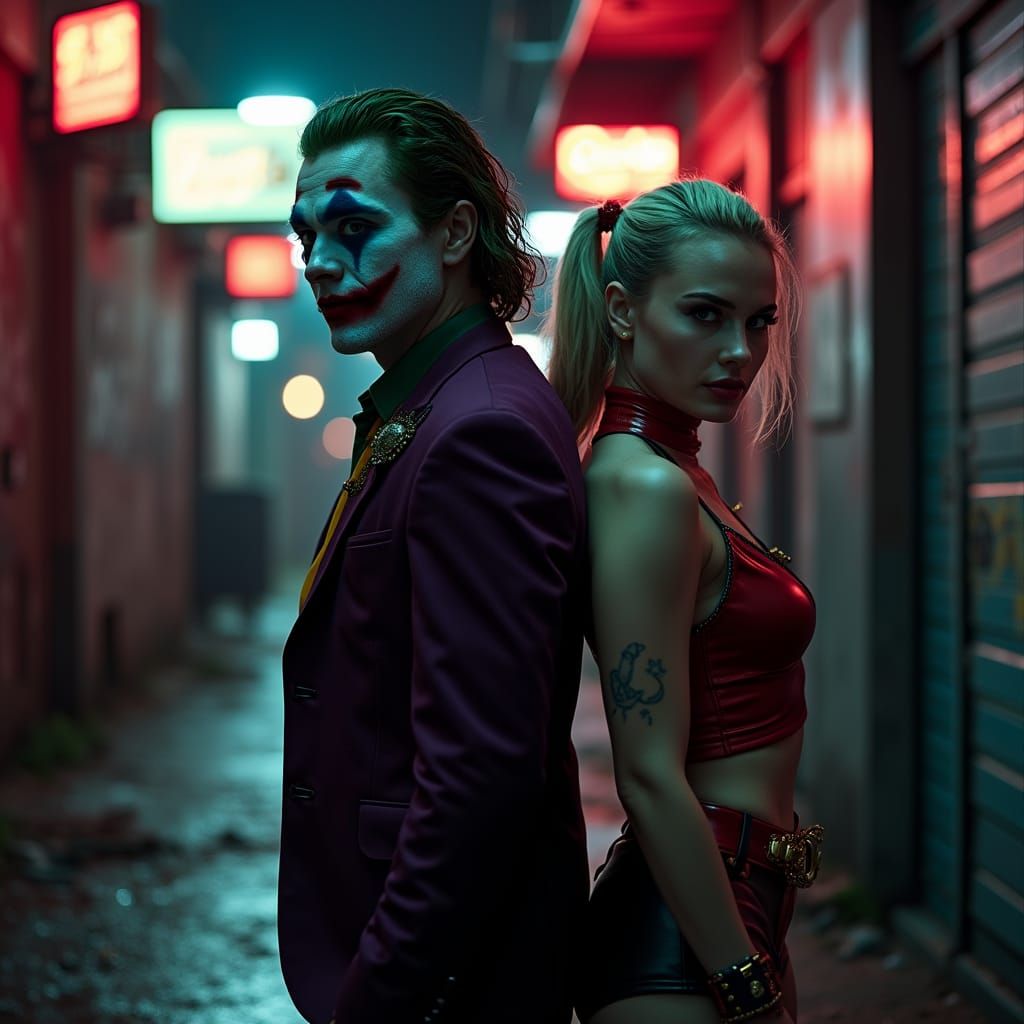 Joker and Harley Quinn in Gritty Alleyway, Inspired by Cinem...