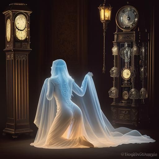 Translucent Ghost Before Steampunk Clock at Night
