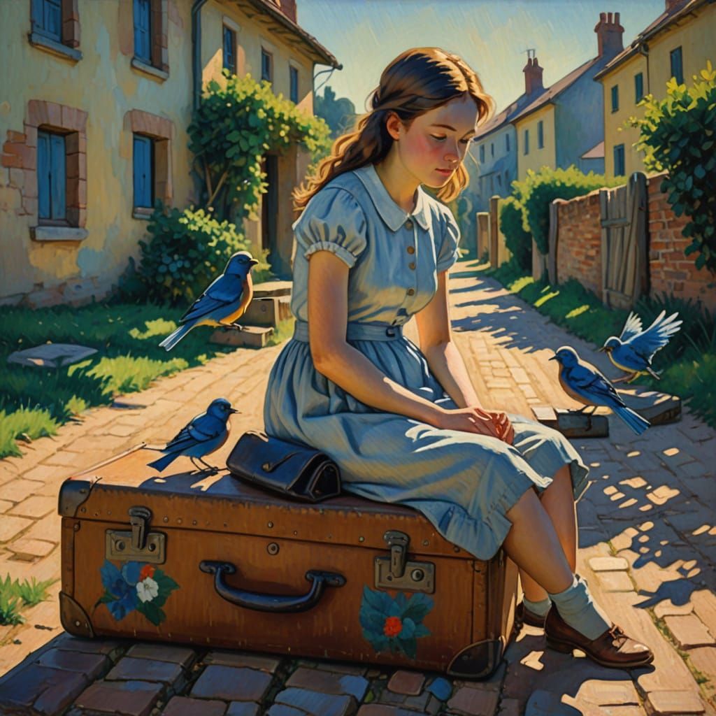 Naive Scene: Girl, Suitcase, and Bluebirds in Impressionist ...
