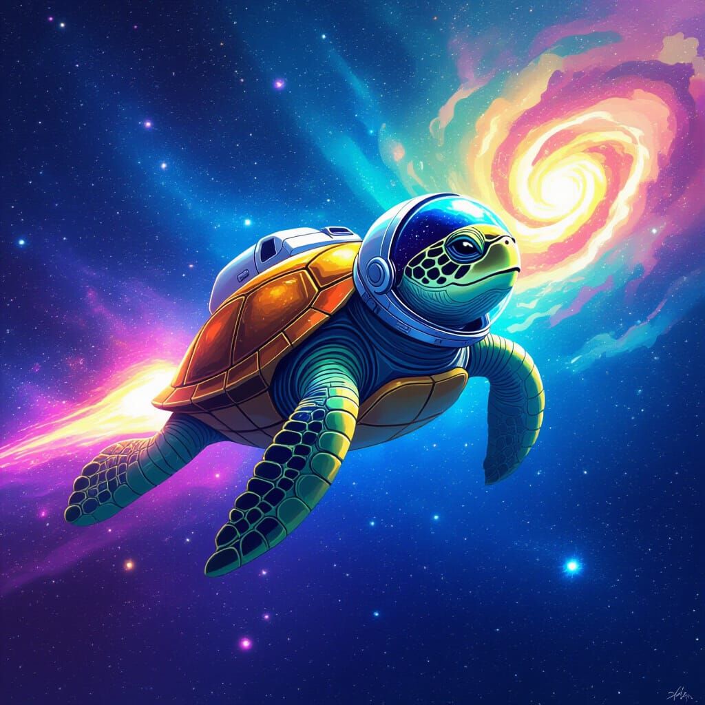 Turtle Astronaut Swimming Through Starry Galaxy