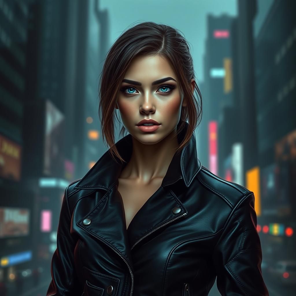 Woman in Leather Jacket in Cyberpunk Cityscape