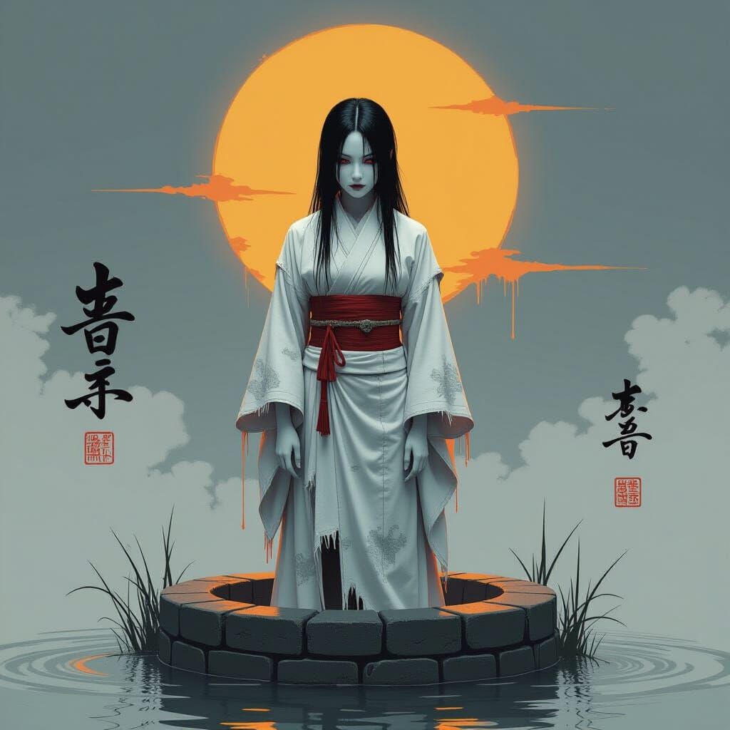 Oiwa: Onryō in Digital Glitch Art Style