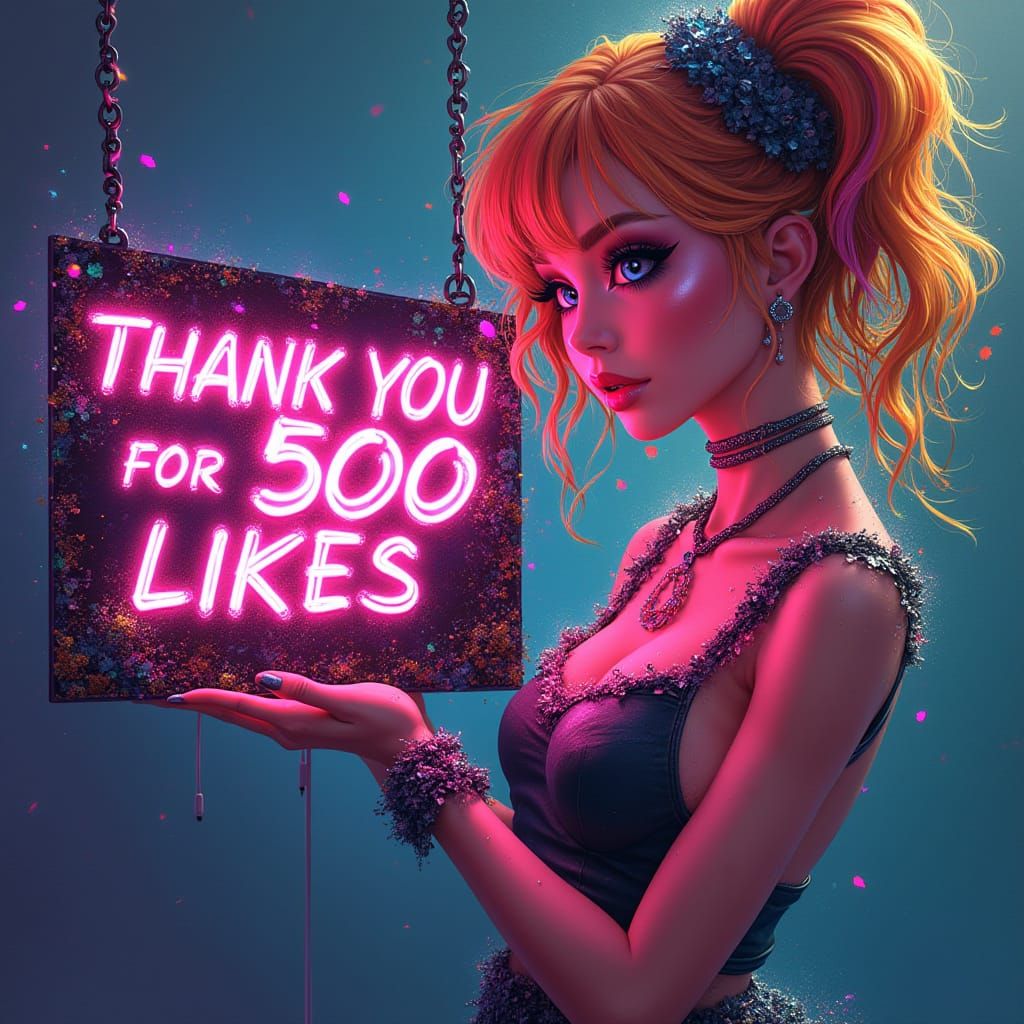 Rainbow Haired Woman Celebrates 500 Likes in Street Art