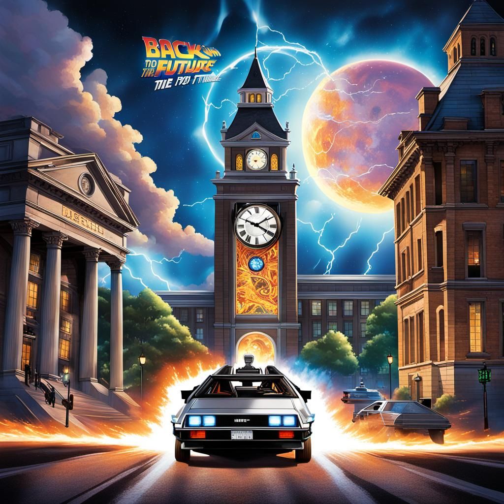 DeLorean Time Travel Poster with Clock Tower Portal