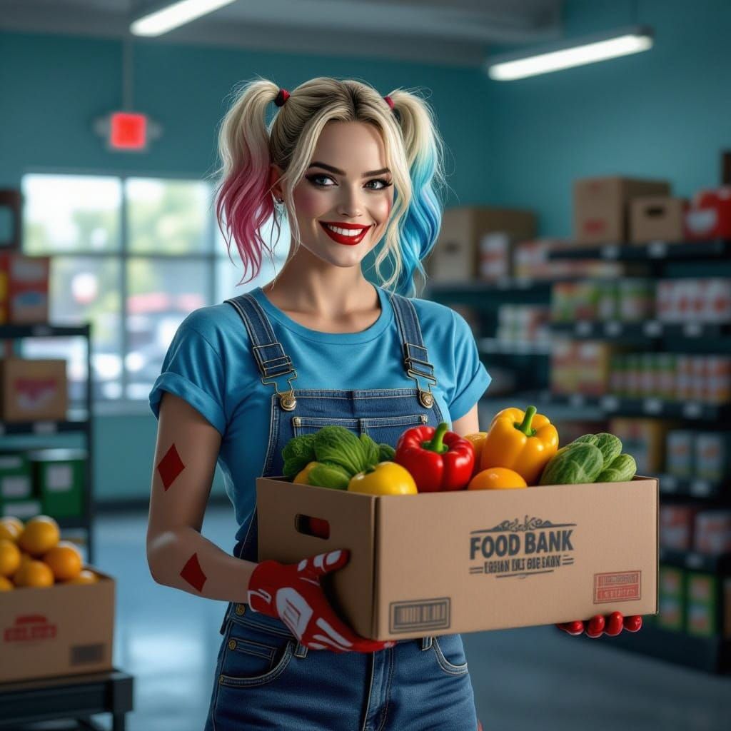 Harley Quinn Works at Food Bank in Matte Painting Style