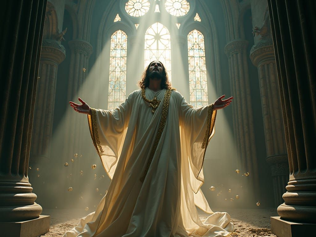 Jesus Confronts Evil Spirits in Gothic Cathedral